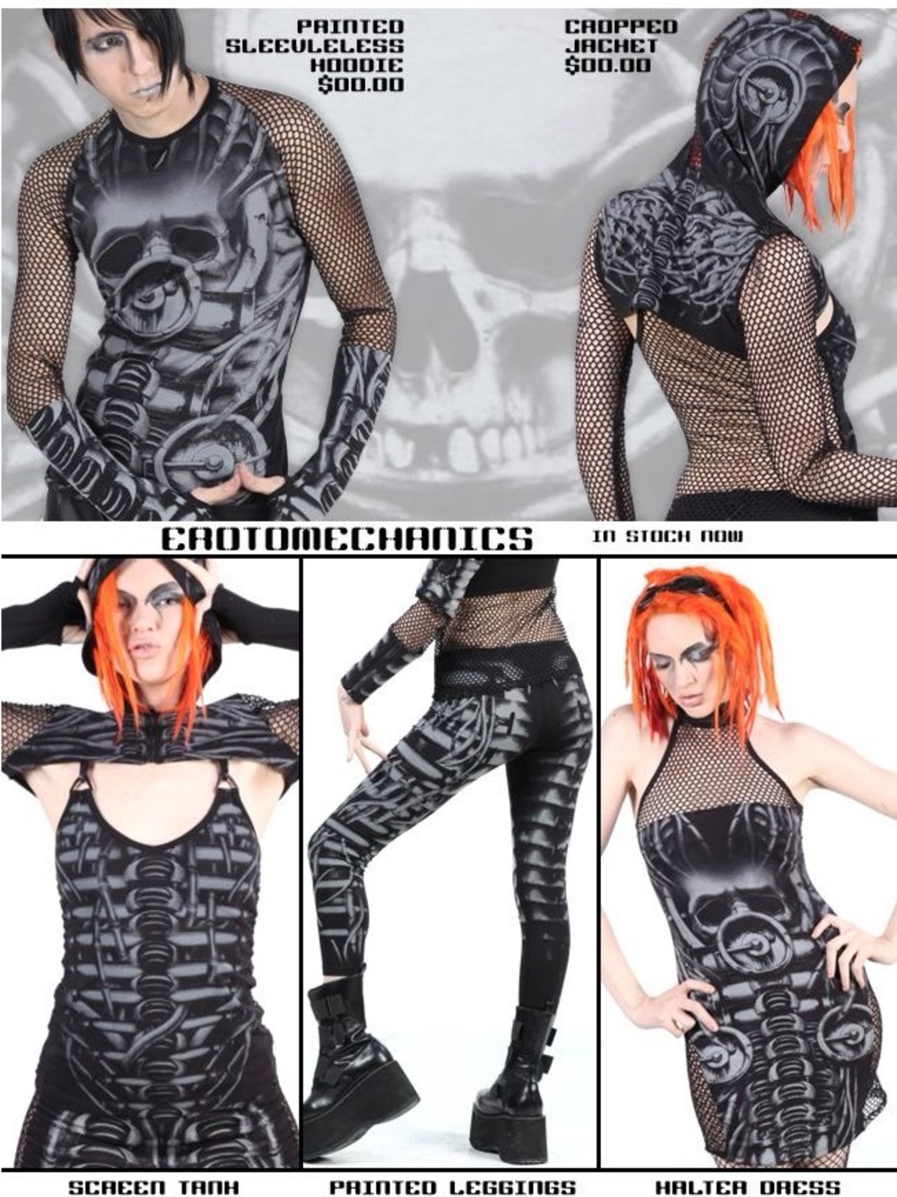 Exotomechanics Gothic Skull Mesh long 90s baby tee - Black & Gray